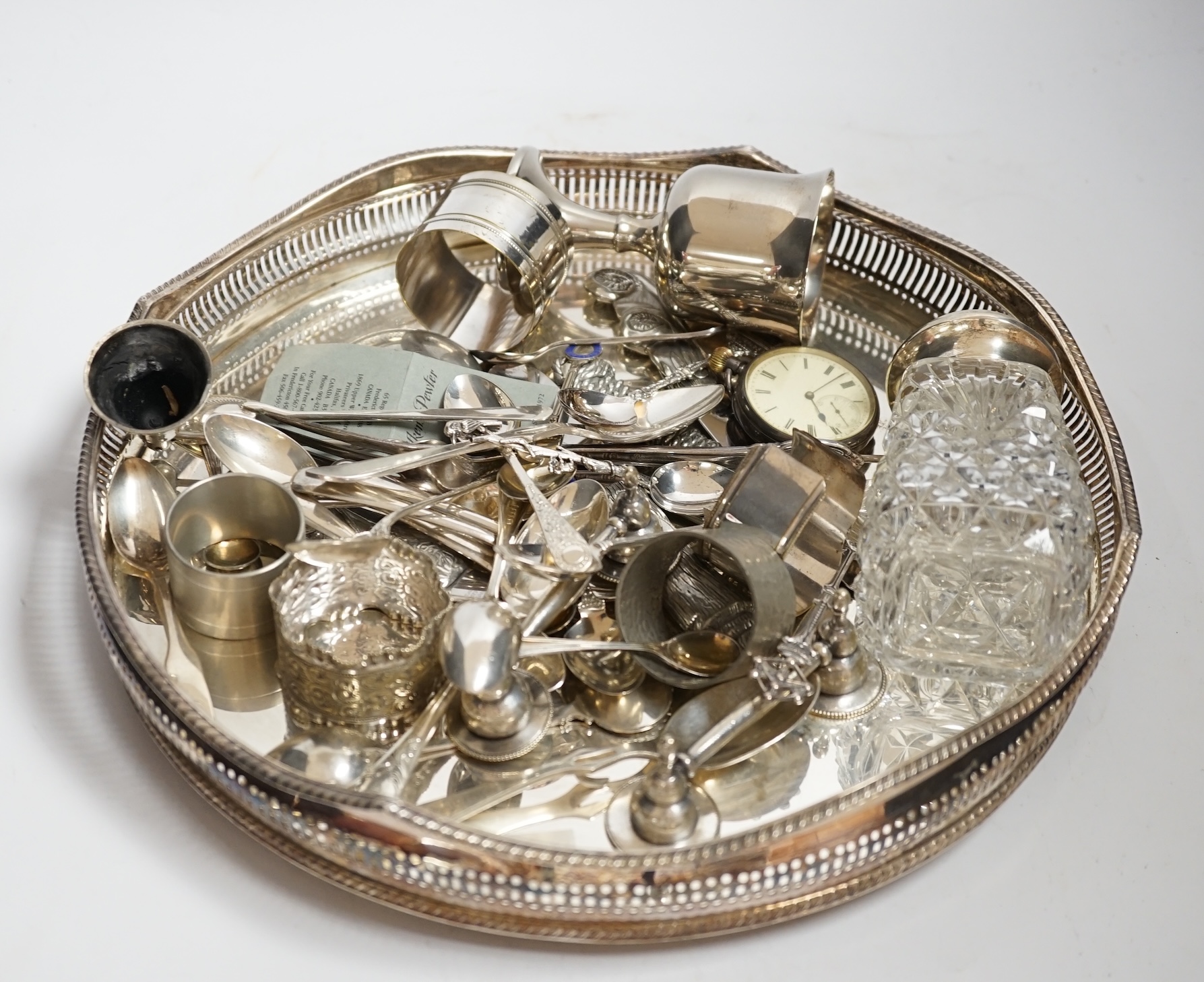 Assorted silver plated and pewter items including a gallery tray, etc. together with a silver pocket watch and silver mounted glass sugar sifter.